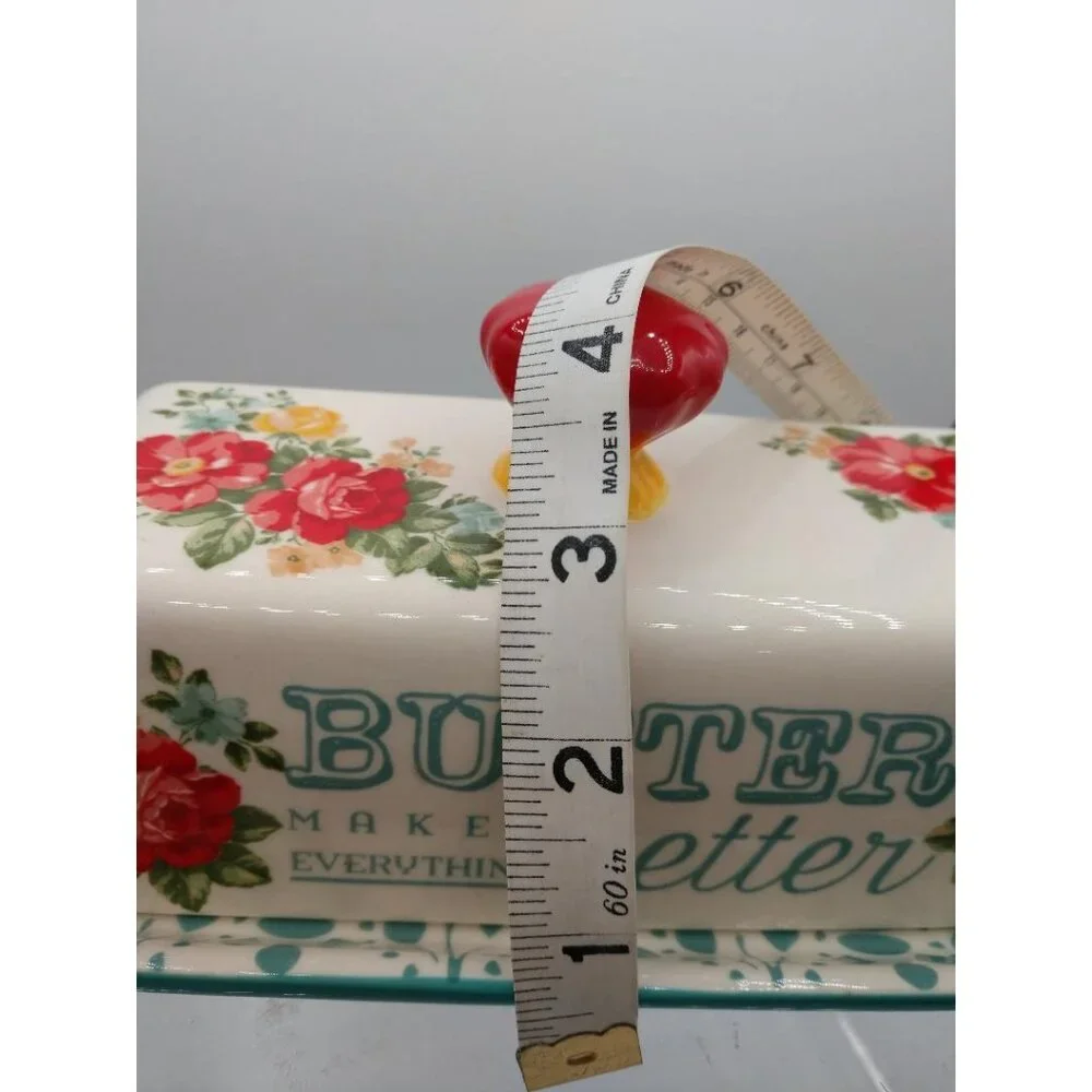 Whimsical Floral Ceramic Pioneer Woman Butter Dish W/Lid & Tray 
